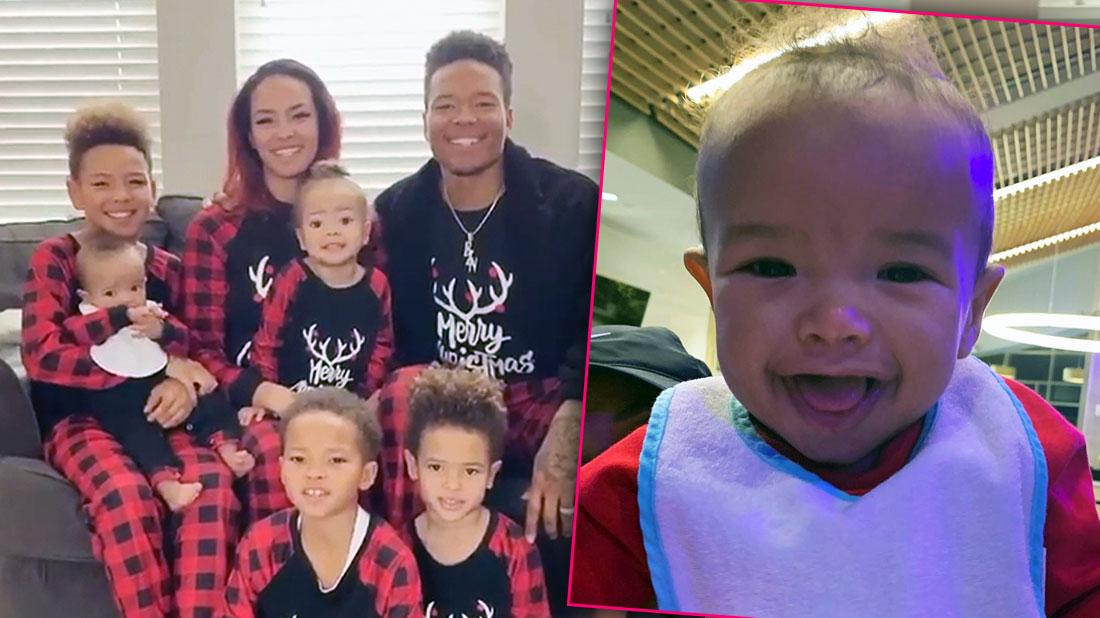 Marvin Jnes With Wife and 4 Children allin Matching Christmas Pajames Red and Black Plaid, Inset Marvin's Son MarloNFL Player Marvin Jones Reveals His Baby Son Marlo Died