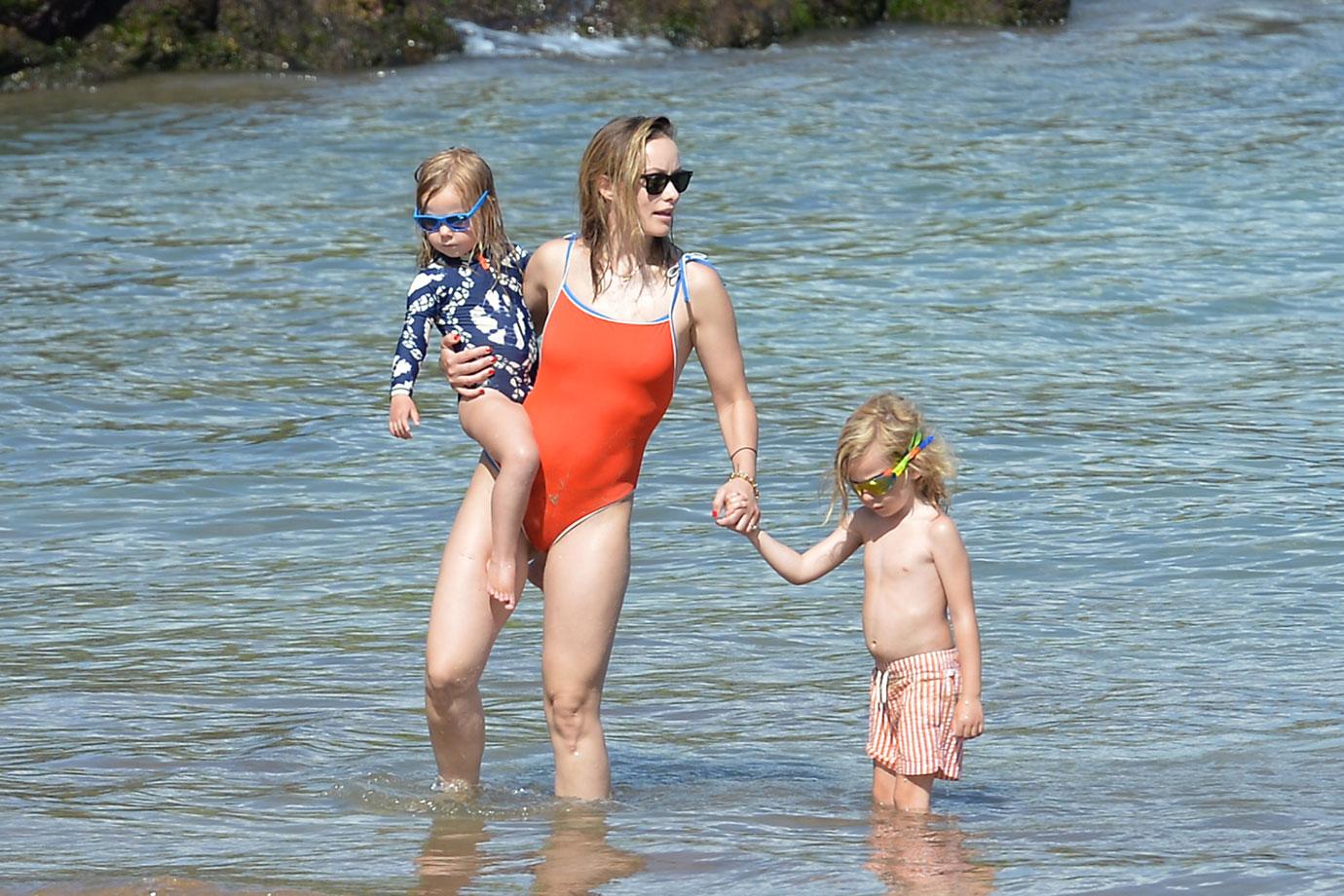 Olivia Wilde Wears Orange Swimsuit During Beach Day With Kids