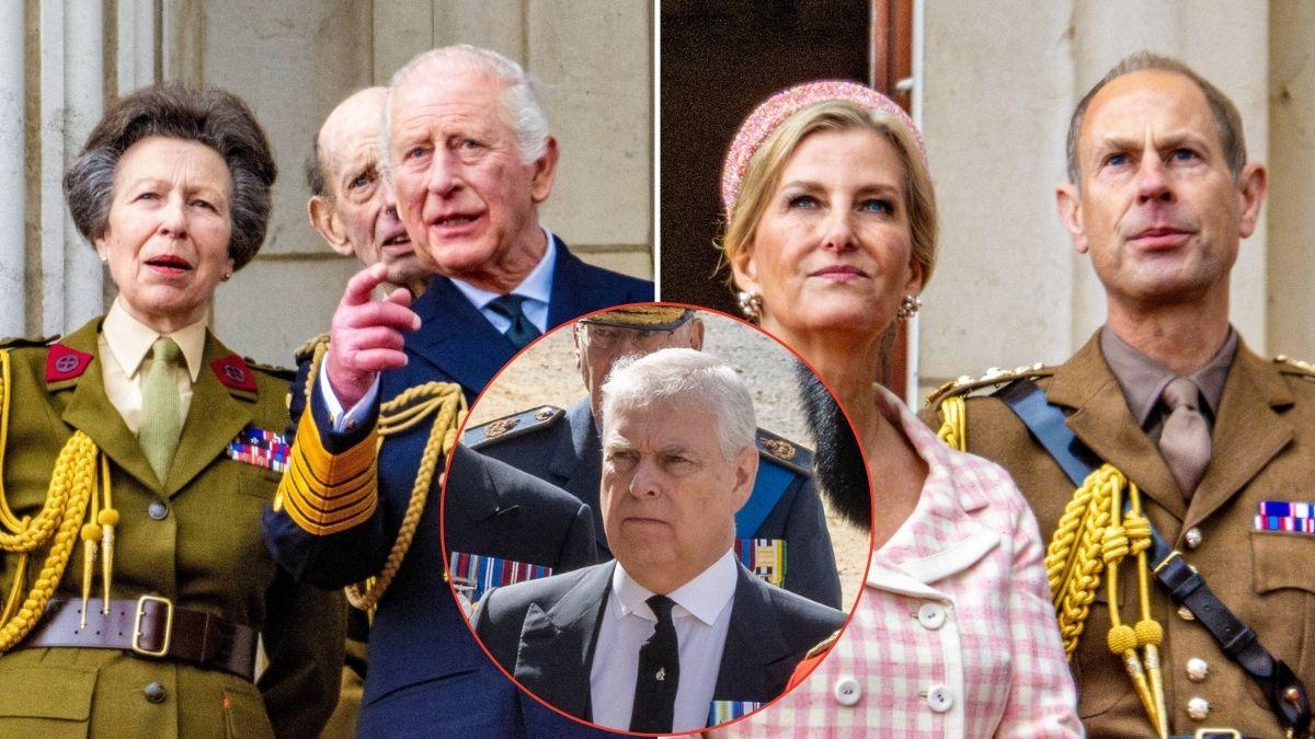 Split photos of Princess Anne, King Charles, Princes Andrew  and Edward with Sophie, Duchess of Edinburgh