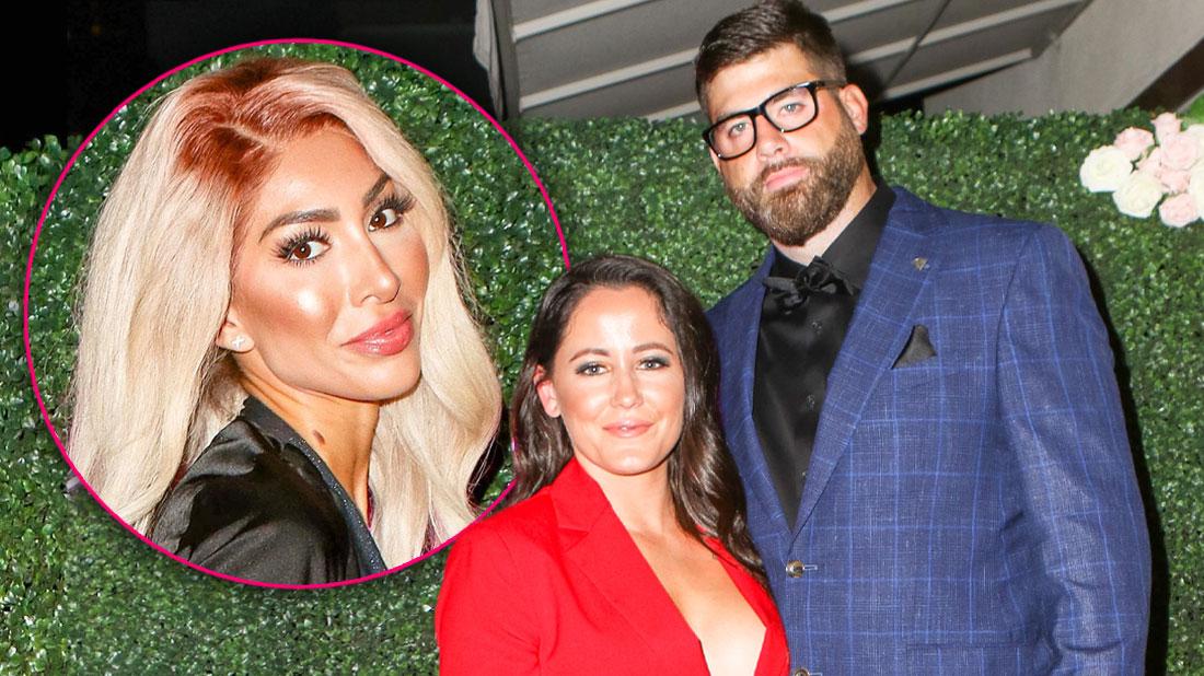 Inset Of Farrah Abraham, Jenelle Evans Wearing Red Suit Standing With Husband Davis Eason Wearing Blue Window Pane SBlazer, Black Pants and Shirt