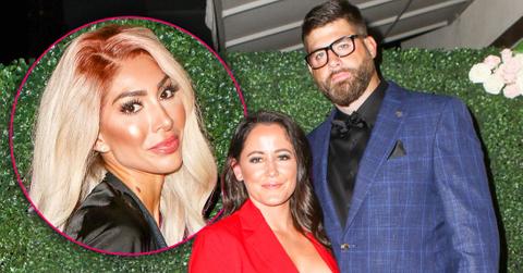 Inset Of Farrah Abraham, Jenelle Evans Wearing Red Suit Standing With Husband Davis Eason Wearing Blue Window Pane SBlazer, Black Pants and Shirt