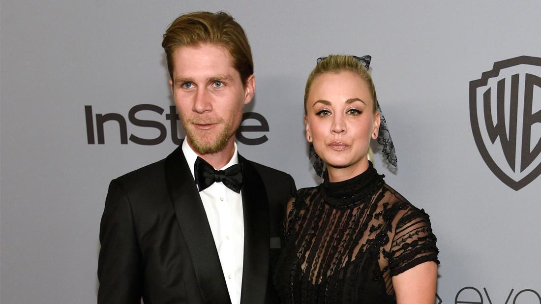 Karl Cook, left, and Kaley Cuoco arrive at the InStyle and Warner Bros. Golden Globes afterparty at the Beverly Hilton Hotel