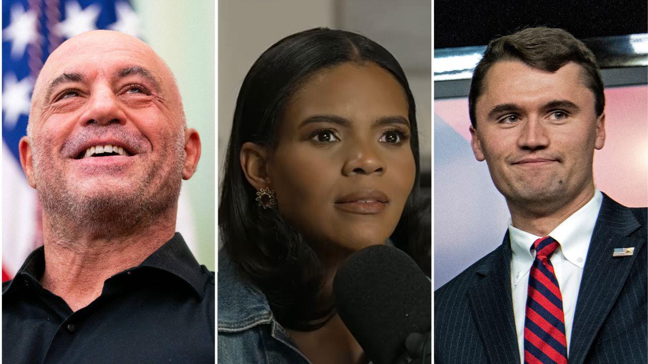 A photo of Joe Rogan alongside a photo of Candace Owens and a photo of Charlie Kirk