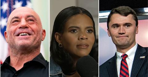 A photo of Joe Rogan alongside a photo of Candace Owens and a photo of Charlie Kirk