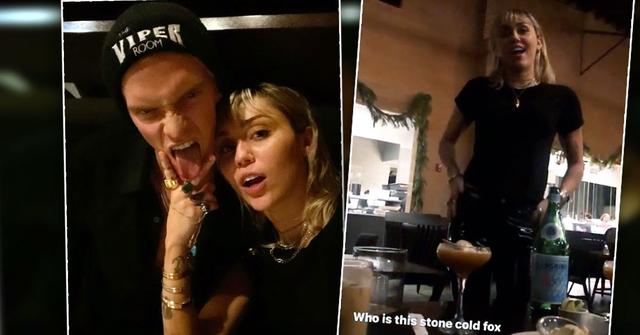 Cody Simpson Sicking tungue out and Miley Cyris plave V fingers on it, Miley Cyrus smiling