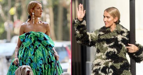 Left, Celine Dion wears a green dress. Right, Celine Dion wears a shaggy camouflage jacket.