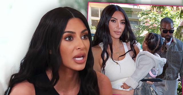 Kim Kardashian looking scared, Inset of Kim Kardashian holding daughter Chicago with Kanye West in The Background, Kim Kardashian Daughter Chicago Fell Off High Chair, Cut Her Face