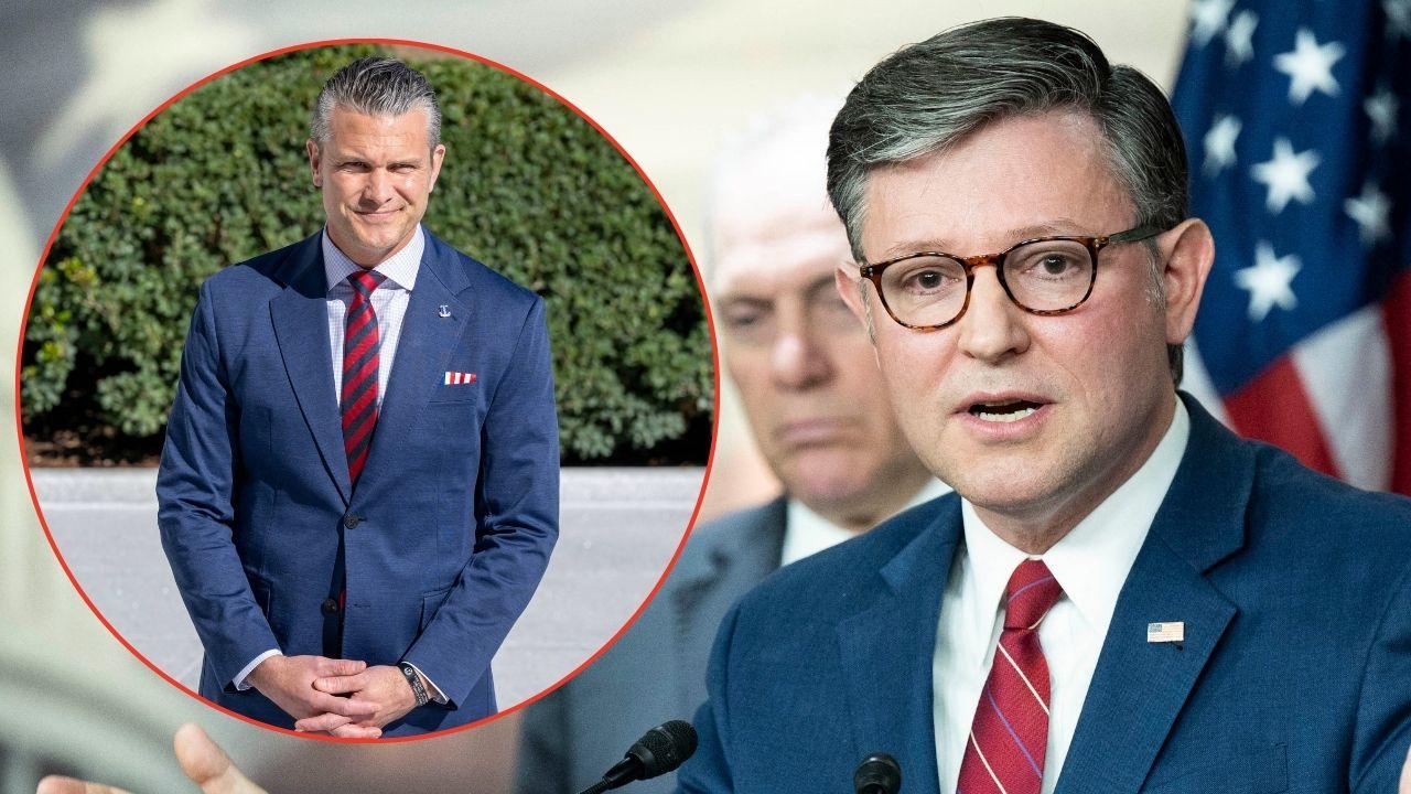 Split image of Pete Hegseth and Mike Johnson.
