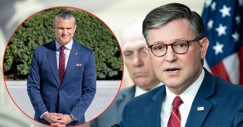 Split image of Pete Hegseth and Mike Johnson.
