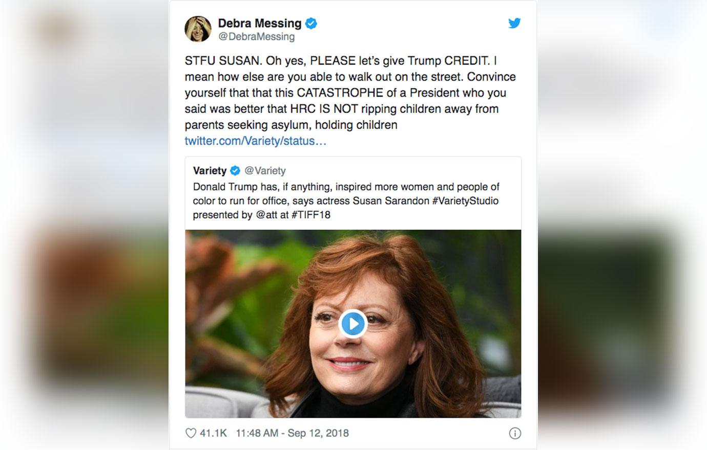 Tweetfrom Debra Messing to Susan Sarandon