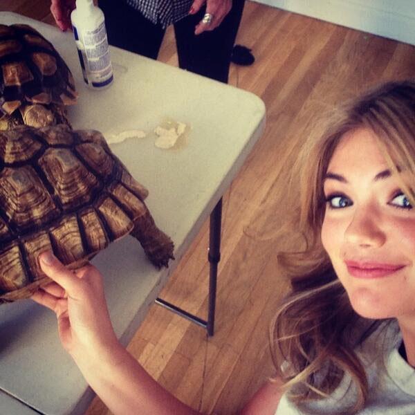 Kate Upton spending time with a turtle that has just pooped in a cute/funny new selfie she shared. She says