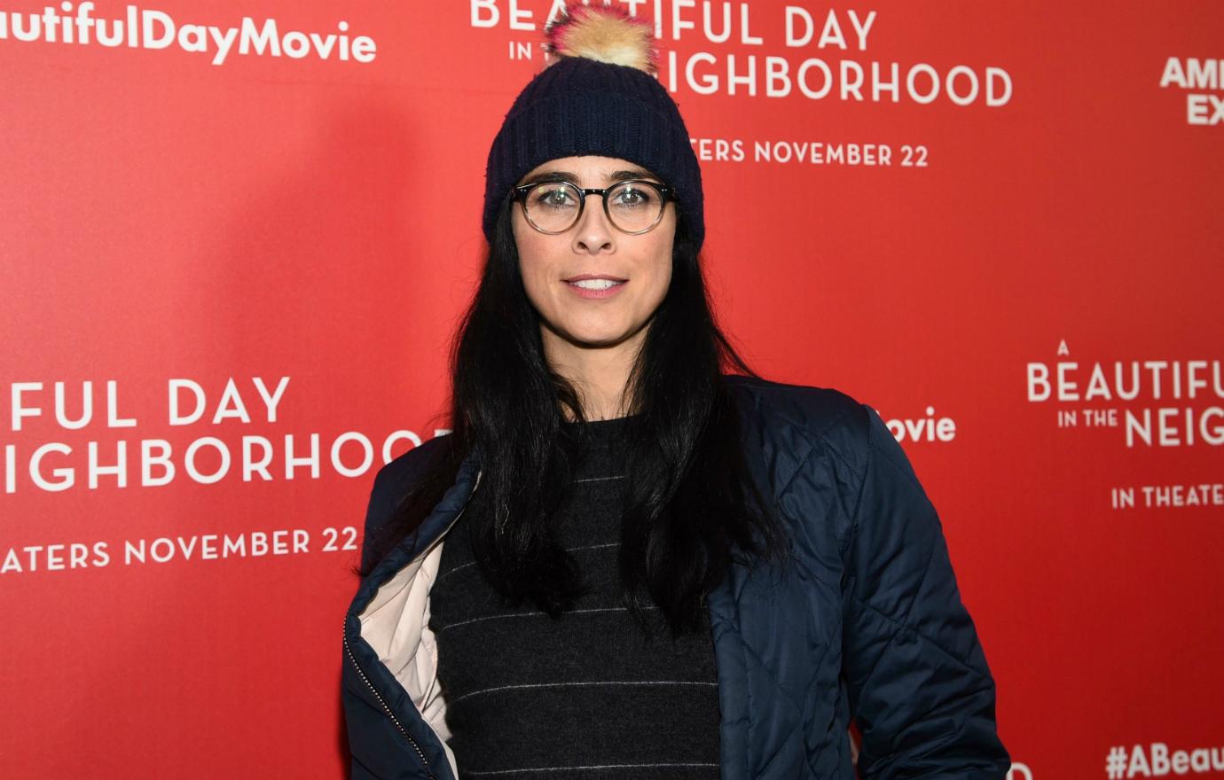 Sarah Silverman wore a grey and pencil white striped sweater with a winter hat at a special screening.