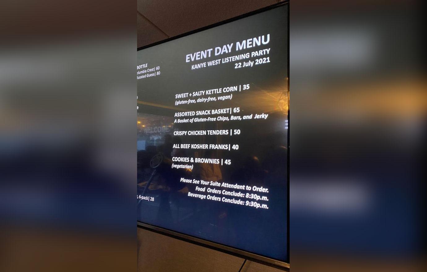 kanye west listening party stadium menu prices