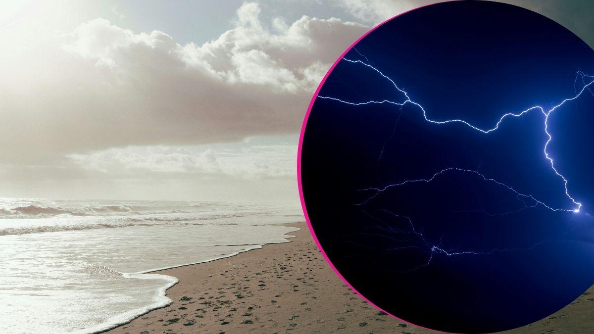 split image of beach and lightning