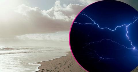 split image of beach and lightning