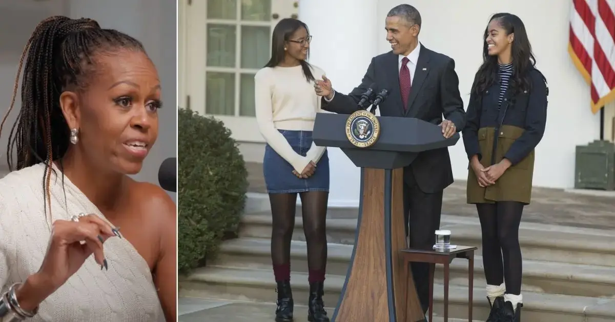 Split photo of Michelle Obama, Barack, Sasha and Malia Obama