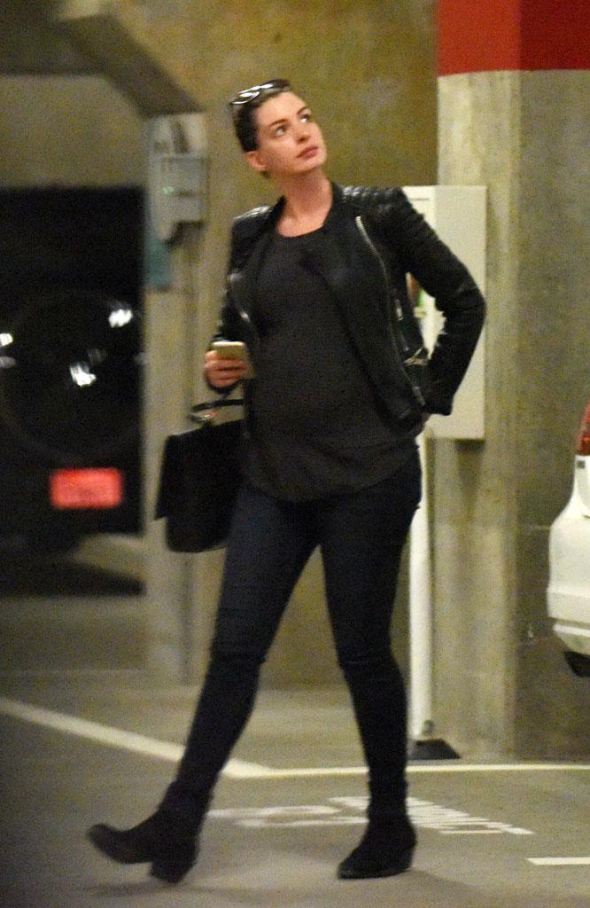 Anne Hathaway Pregnant Baby Bump Leather Jacket