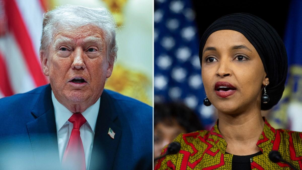Split photo of Donald Trump, Ilhan Omar