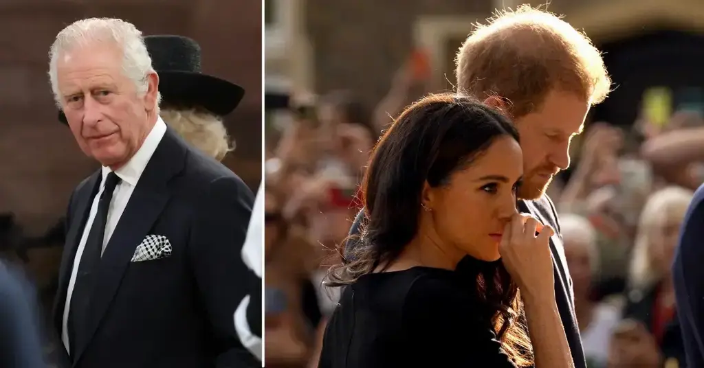 Composite photo of King Charles, Prince Harry and Mehan Markle