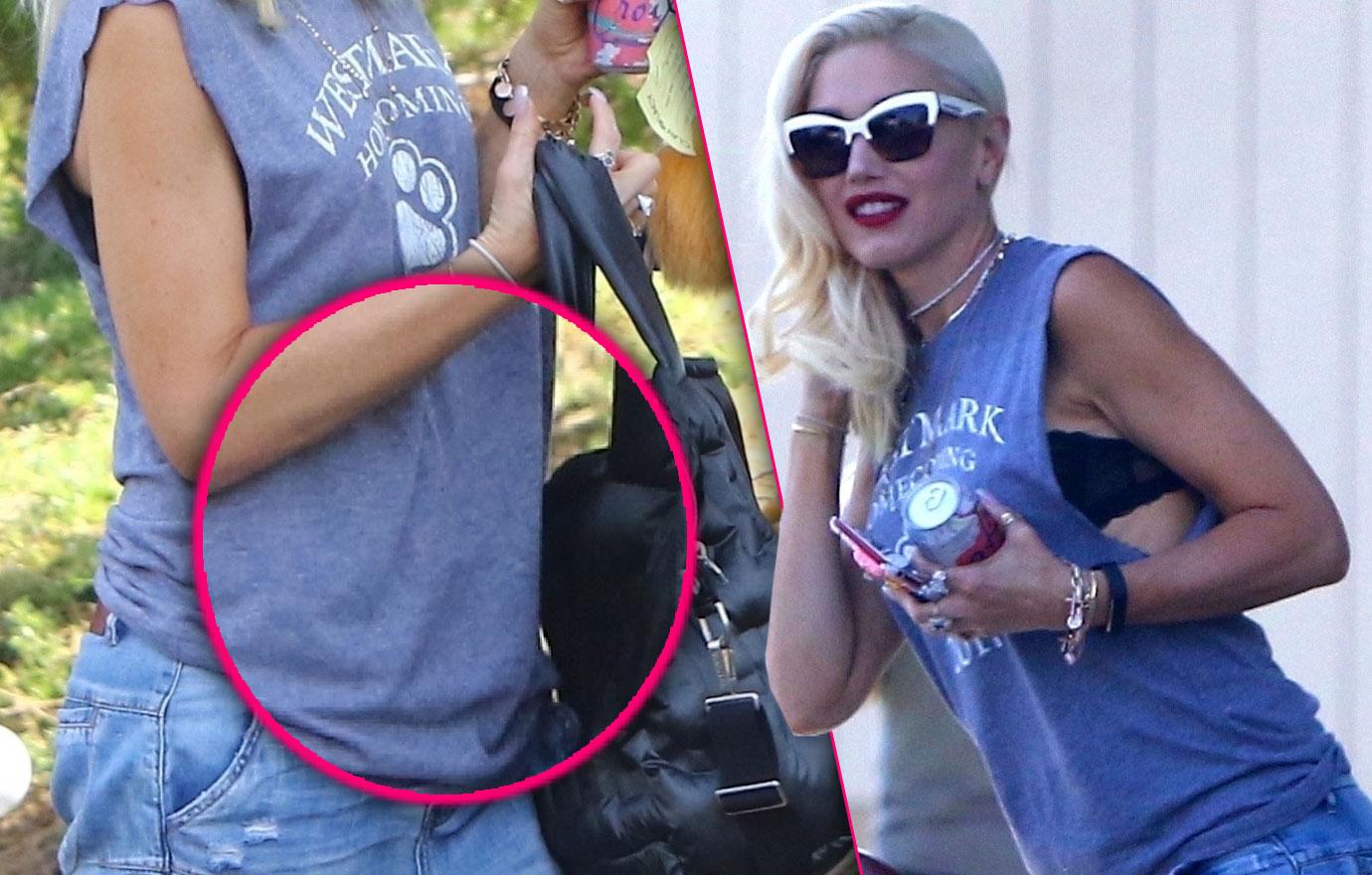 Gwen Stefani Holds Big Purse In Front Of Baby Bump