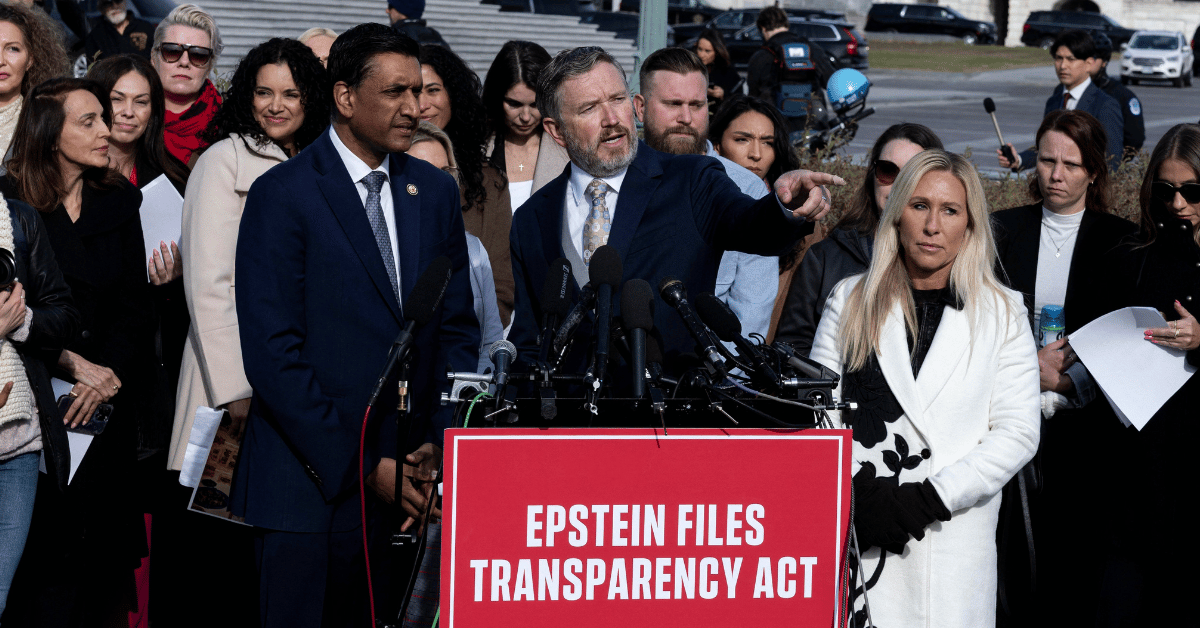 Photo of Rep. Greene at a Epstein Files Transparency Act press conference