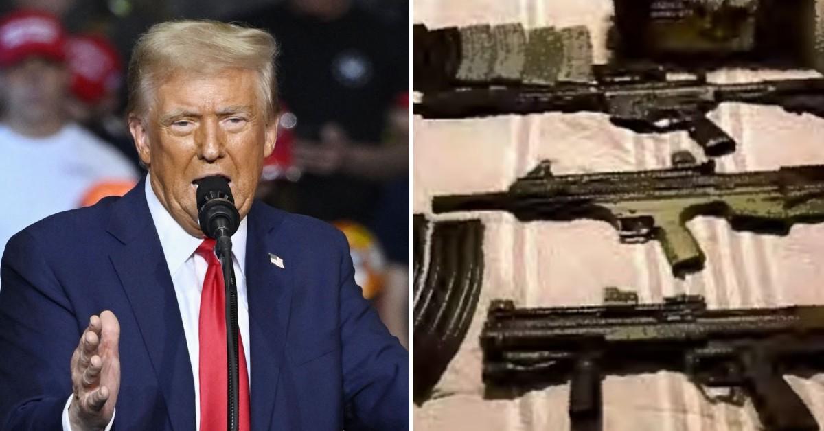 Split photo of Donald Trump, guns