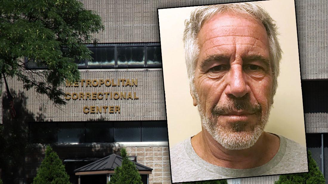 Front of the Metropolitan Correctional Center, NYC inset of Jeffrey Epstein Mug Shot
