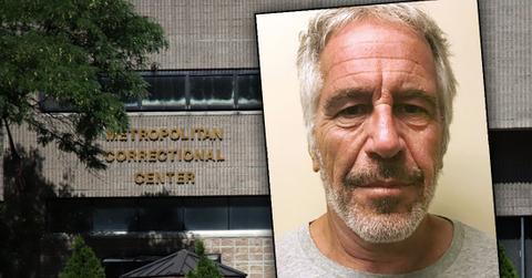 Front of the Metropolitan Correctional Center, NYC inset of Jeffrey Epstein Mug Shot