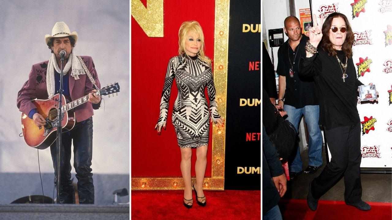 Split photos of Bob Dylan, Dolly Parton and Ozzy Osbourne