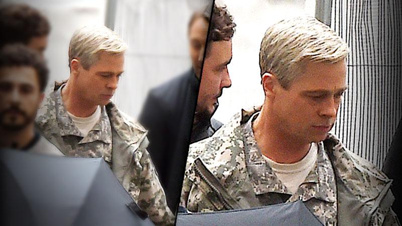 //brad pitt grey hair photos on set war machine movie pp