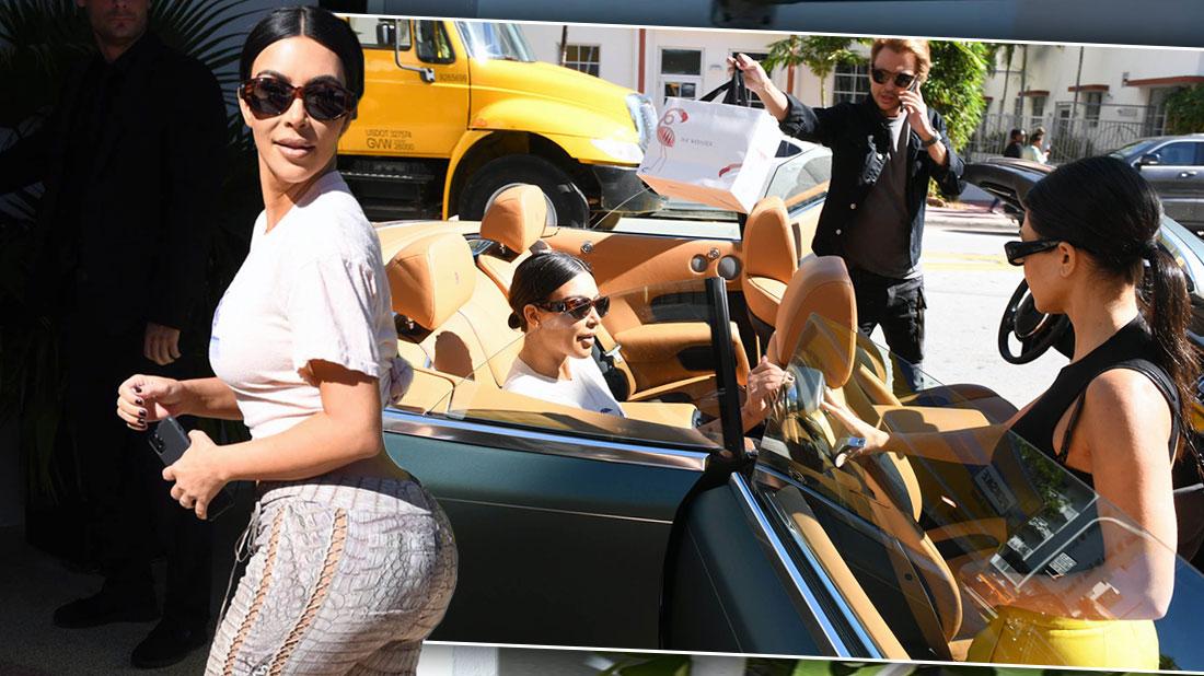 Kim and Kourtney Kardashian out in Miami in a green Rolls Royce with Jonathan Cheban