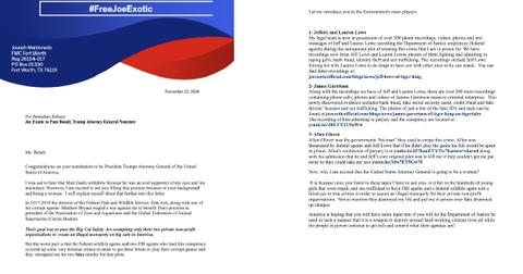 Read Joe Exotic Letter to Trump's Attorney General Begging for Pardon