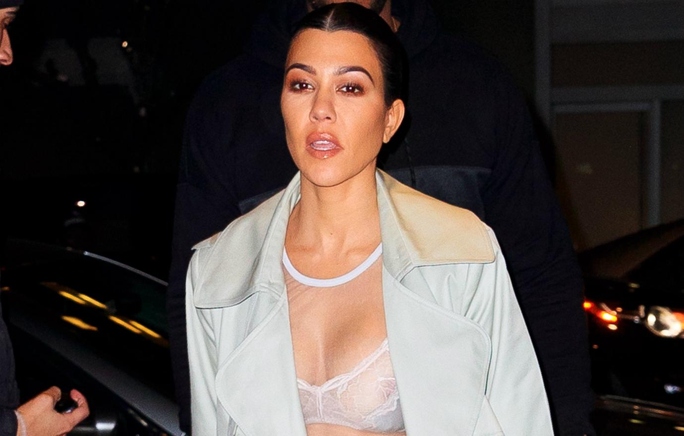 Kourtney Kardashian wore only a sheer bra showing her nipple when out for dinner on February 7, 2019 in New York City.