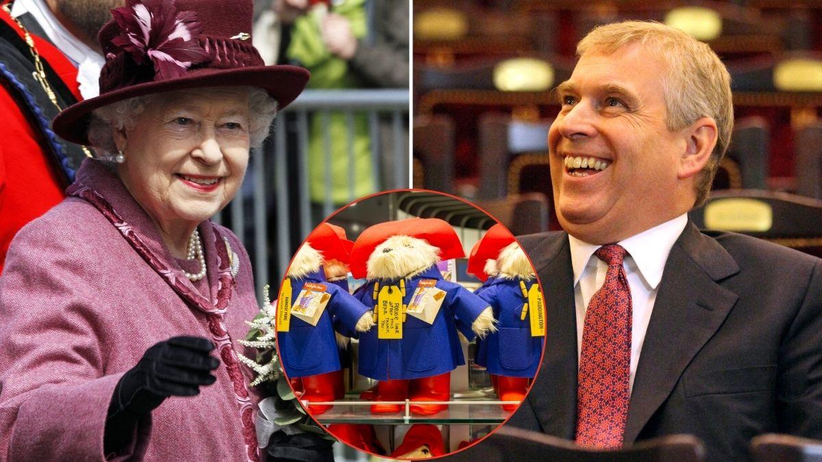 SPlit photos of Queen Elizabethm Prince Andrew and Paddington bears