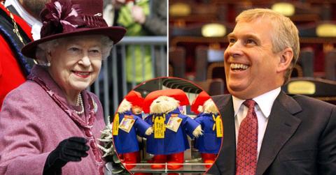 SPlit photos of Queen Elizabethm Prince Andrew and Paddington bears