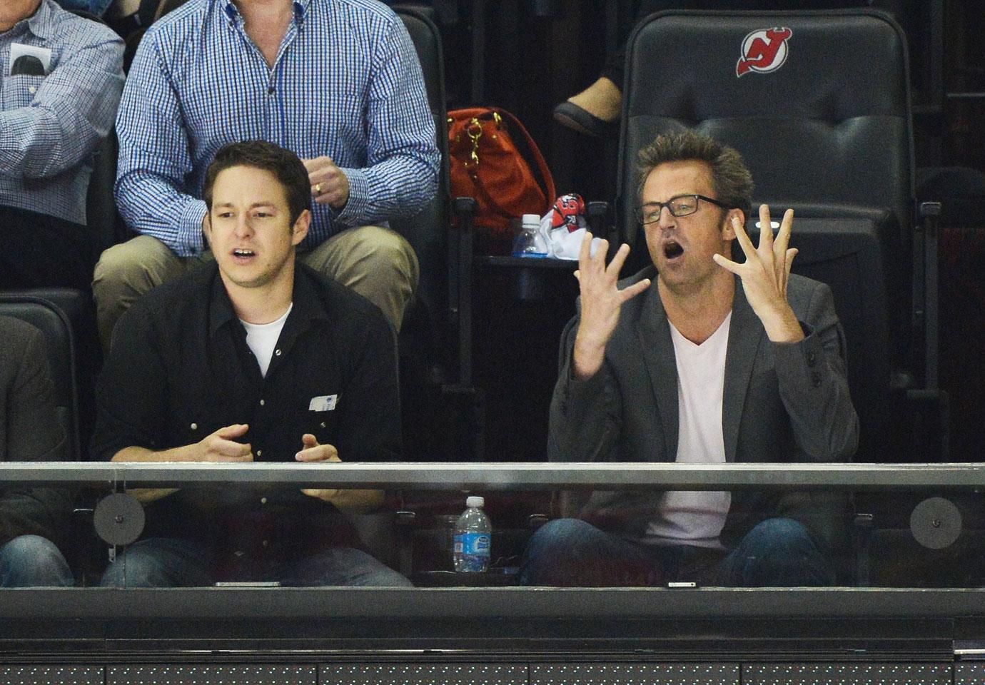 Actor Matthew Perry (R) attends the Los Angeles Kings vs the New Jersey Devils game five during the 2012 Stanley Cup final at the Prudential Center on June 9, 2012 in Newark, New Jersey.