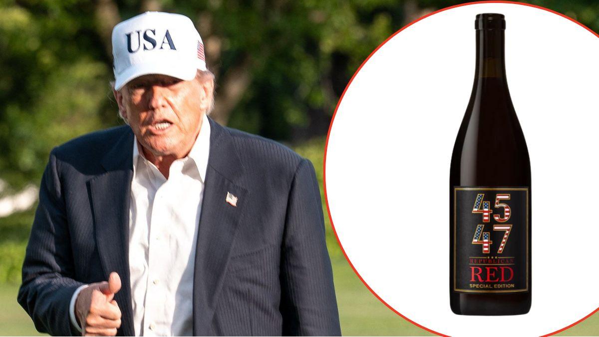 Split photos of Donald Trump and '45-47' Pinot Noir