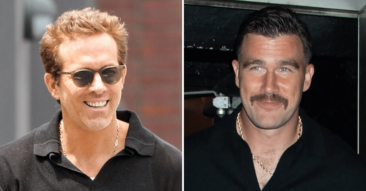 Split photo of Ryan Reynolds, Travis Kelce