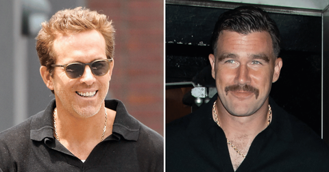 Split photo of Ryan Reynolds, Travis Kelce