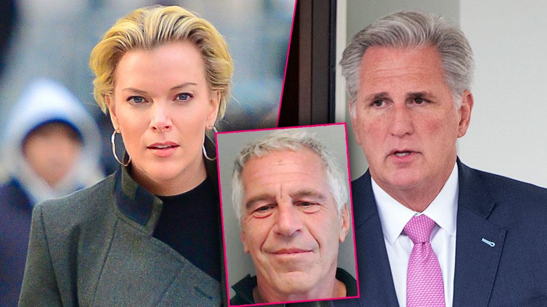 Photo Split Of Megyn Kelly Wearing Gray Blazer And Black Turtle-Neck, Congressman Kevin McCarthy Wearing Blue Suit, Pink Tie, White Shirt, Inset Jeffrey Epstein Mugshot