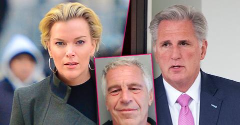 Photo Split Of Megyn Kelly Wearing Gray Blazer And Black Turtle-Neck, Congressman Kevin McCarthy Wearing Blue Suit, Pink Tie, White Shirt, Inset Jeffrey Epstein Mugshot