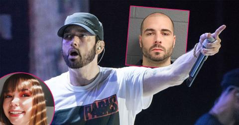 Main, Eminem is seen performing. Inset left, Whitney Scott Mathers. Inset right, Eric Hartter's mugshot.