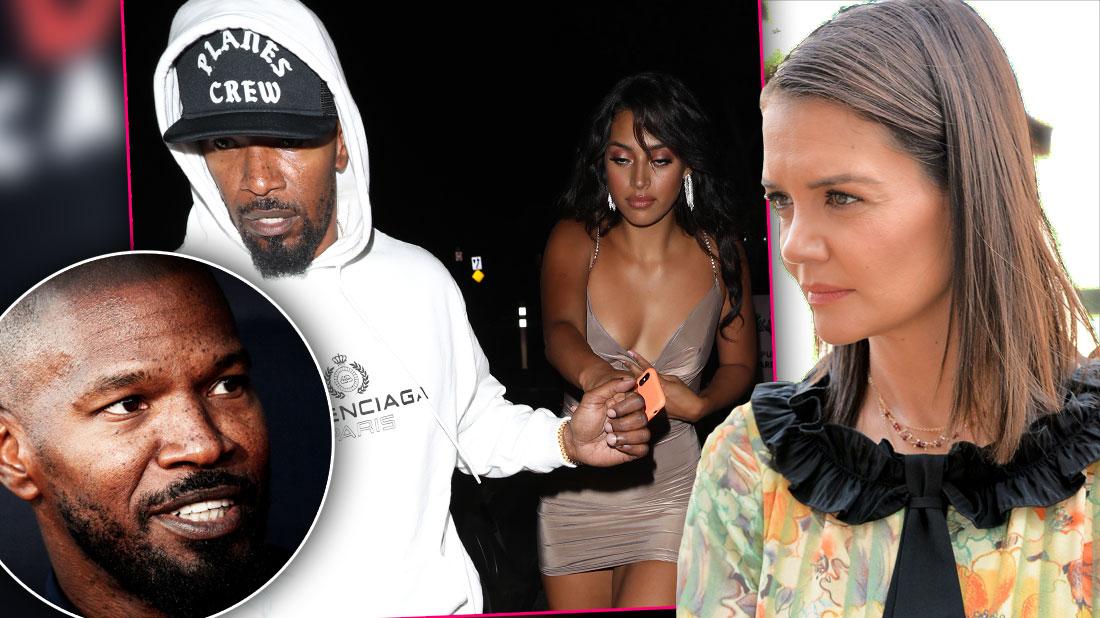 Insetof Jamie Foxx, inset of Jamie Foxx Wearing White Hoodie & Sela Vave Wearing Taupe Dress together, photo of Katie Holmes Wearing Floral Black Trim Dress