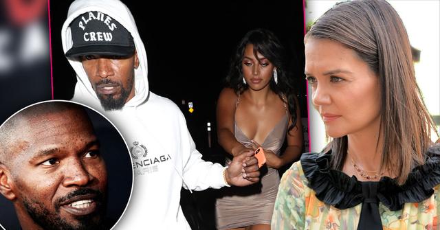 Insetof Jamie Foxx, inset of Jamie Foxx Wearing White Hoodie & Sela Vave Wearing Taupe Dress together, photo of Katie Holmes Wearing Floral Black Trim Dress