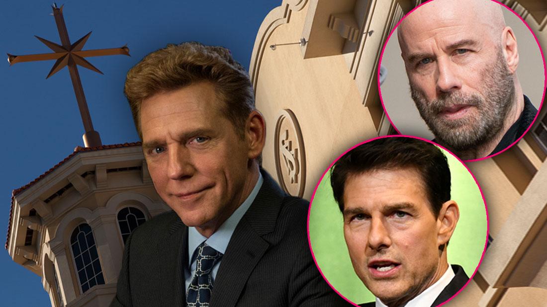 Chrurch of Scientology Building in Background With David Miscavige and Inset Circles of Tom Cruise and John Travolta