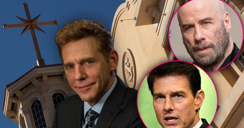 Chrurch of Scientology Building in Background With David Miscavige and Inset Circles of Tom Cruise and John Travolta