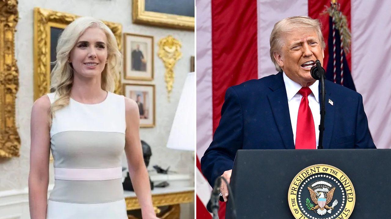 A photo of Natalie Harp alongside a photo of Donald Trump