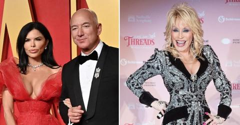 Split photo of Jeff Bezos with Lauren Sanchez and Dolly Parton.