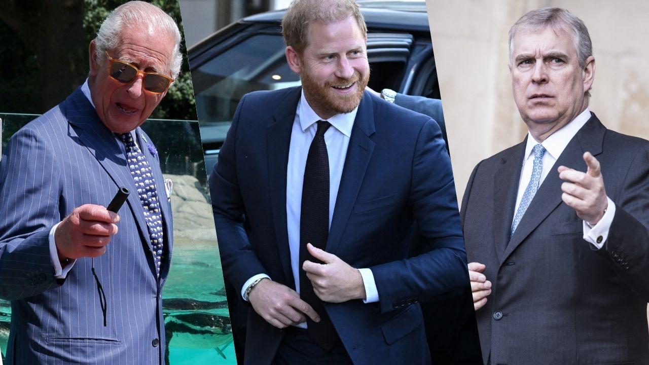 Split photos of King Charles, Prince Harry and Andrew Windsor