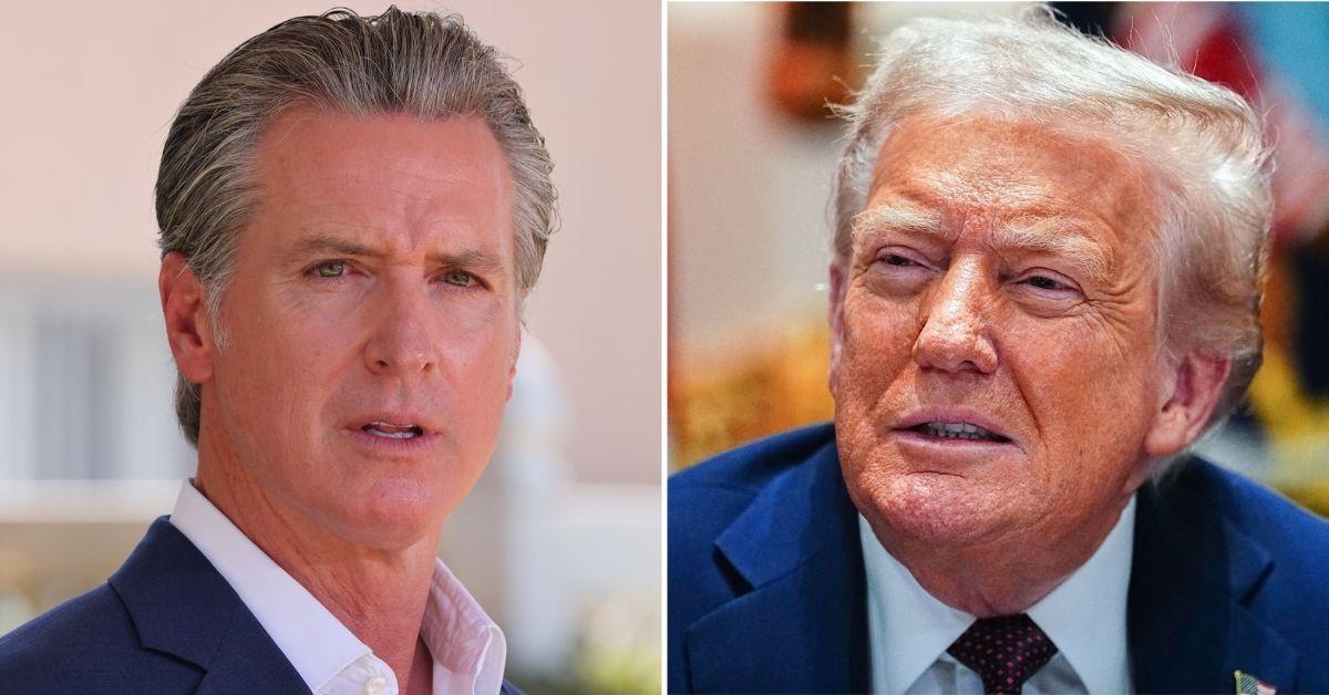 Split photo of Gavin Newsom, Donald Trump